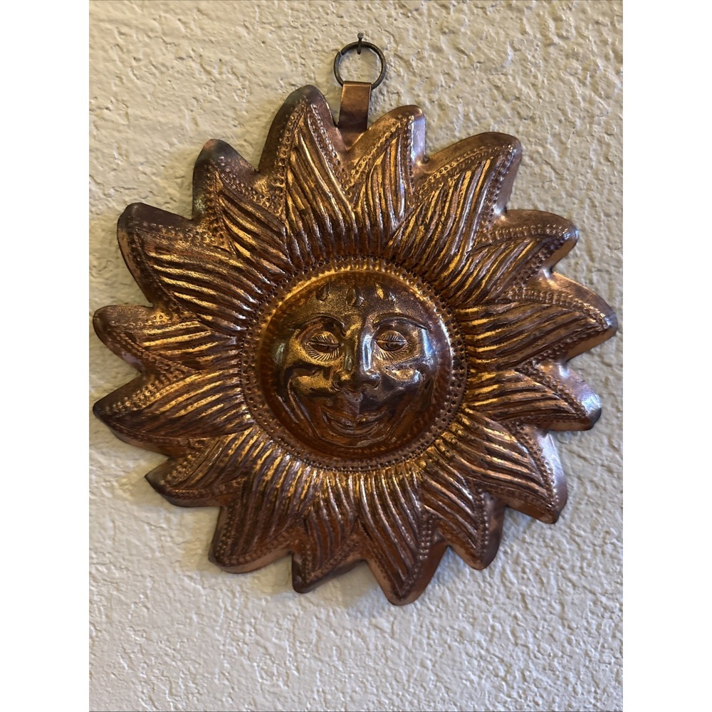 Vintage 90s Celestial Copper Sun Face Wall Hanging Decor Mold Patina 10"
